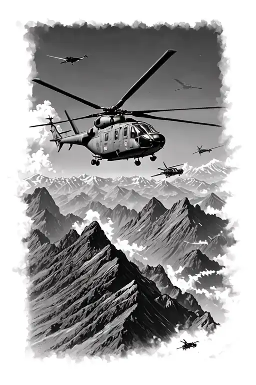 Blackhawk helicopters firefight war mountains tattoo design idea