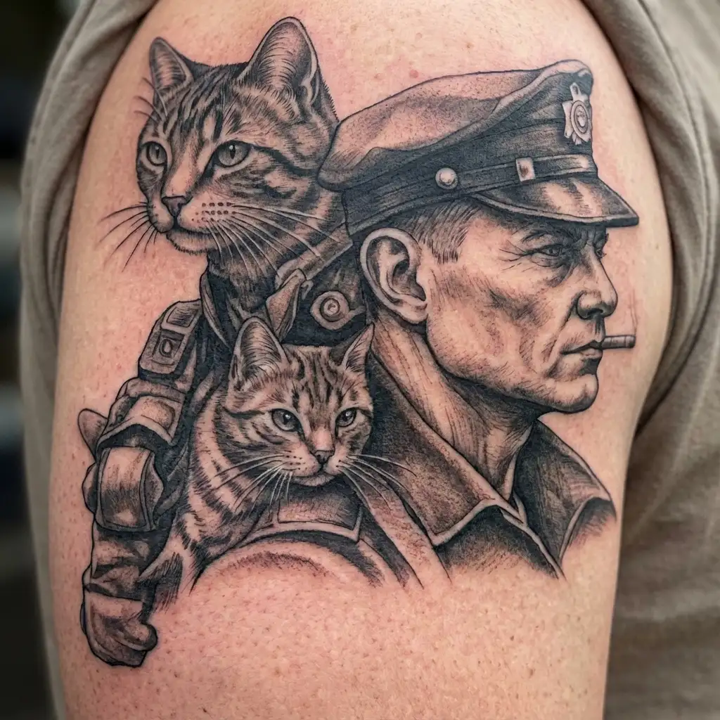 A black and grey portrait of a police officer with a cat on their shoulder tattoo design idea