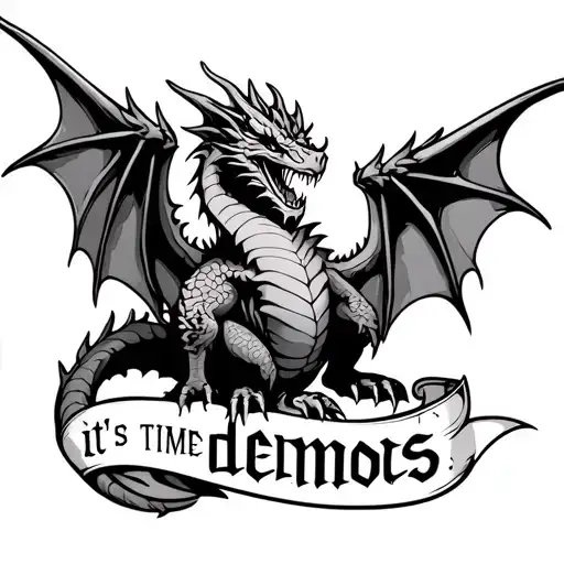 dragon tattoo with full wings spread and the words "it's time" and "demons" tattoo design idea