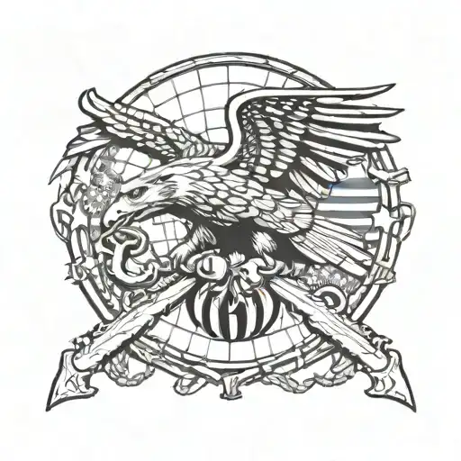 USMC Eagle Globe and Anchor, with ferocious wolf, American flag  background tattoo design idea