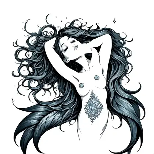 Mermaid whole body, with hair, throwing your head back closed eyes tattoo design idea