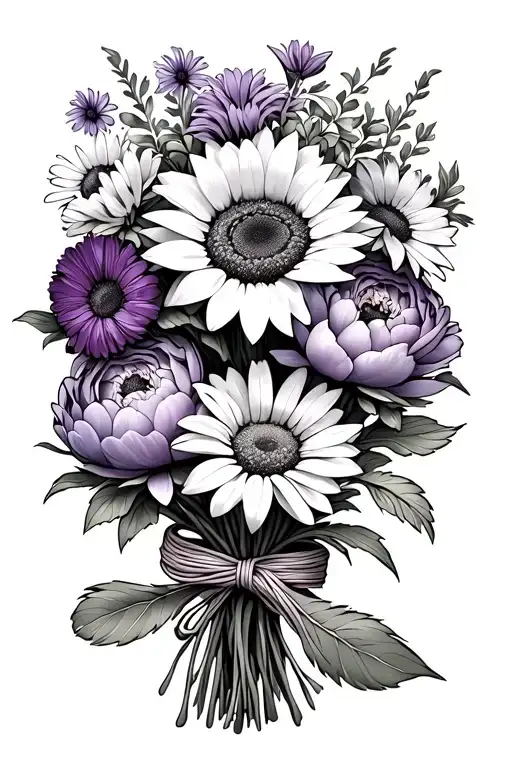 tattoo of a bouquet of flowers including one aster one sunflower one violet one peony and one daisy tied with a string tattoo design idea