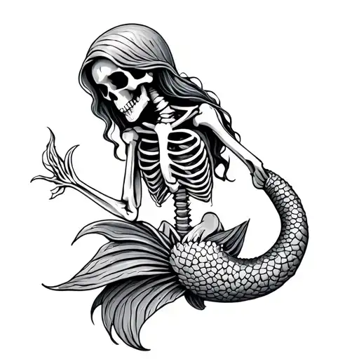 Mermaid Skeleton in wood carving style tattoo design idea