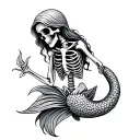 Mermaid Skeleton in wood carving style tattoo design idea