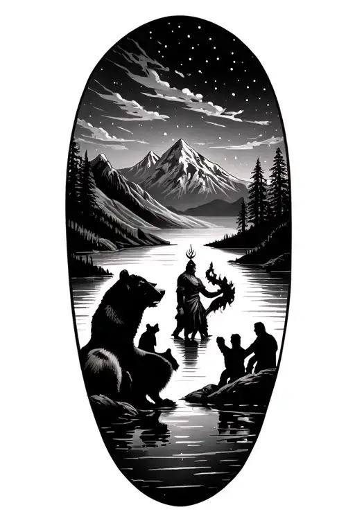 mountain scene with Lake and Bear family Silouette by the lake with Prometheus giving Viking man fire under a night sky tattoo design idea