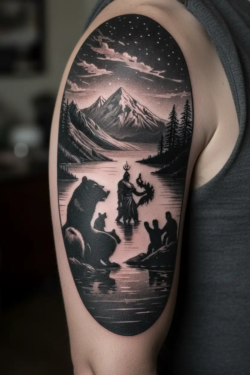 mountain scene with Lake and Bear family Silouette by the lake with Prometheus giving Viking man fire under a night sky tattoo design idea