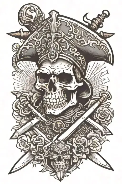 conquistador skull with 3 swords tattoo design idea