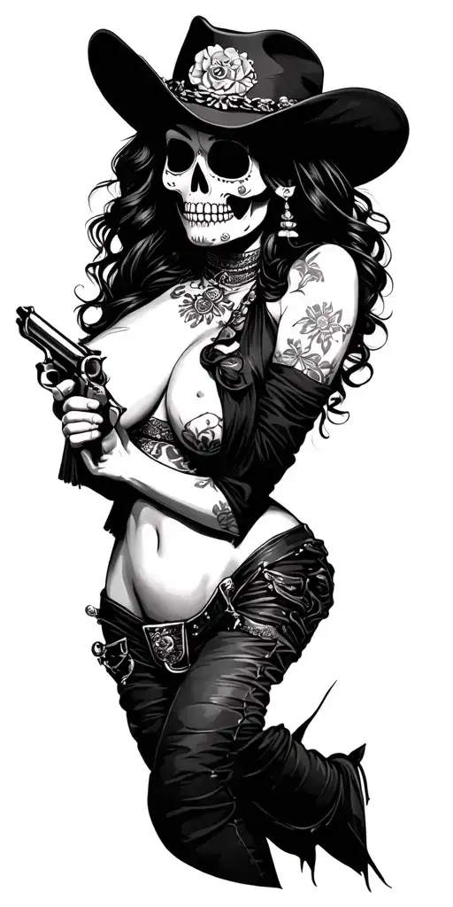 sugar skull sexy vaquero woman holding six shooters tattoo design idea