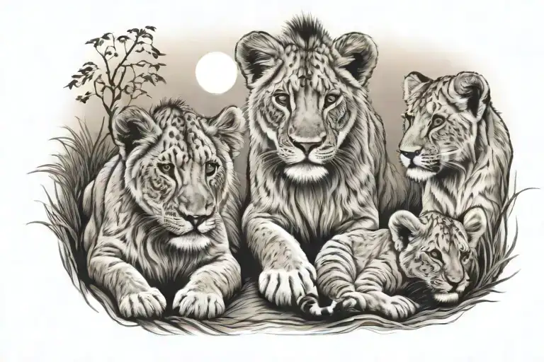 3 lion cubs watching sunset with 4th lion cub flying into sunset  tattoo design idea