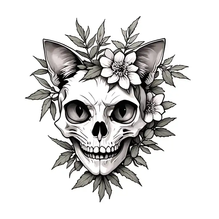 cat skull with sage and clove plant branches and flowers tattoo design idea