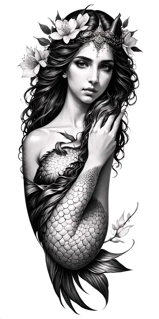 Arm sleeve tattoo, realistic, Black and white, cherry blossoms. Capricorn goddess mermaid tattoo design idea