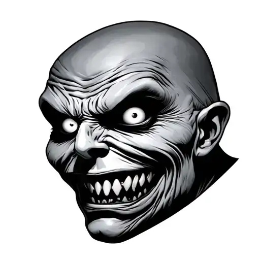 Horror style gray haunte, black and gray realism, bold line work with an exaggerated sinister grin, hollow glowing eyes, tattoo design idea