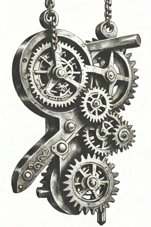 pendulum hanging from complex machine on a beam with gears   tattoo design idea