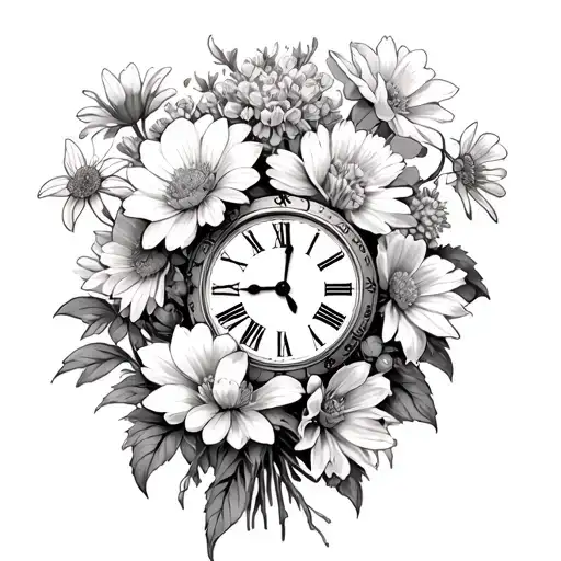carnation, daffodil, daisy, rose, water lily, marigold in a bouquet with a clock in the center with no hands in a realis tattoo design idea