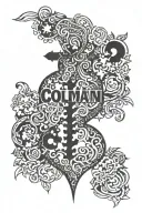 the name Colman.  behind the name is a heart filled with autism awareness puzzle pieces  tattoo design idea