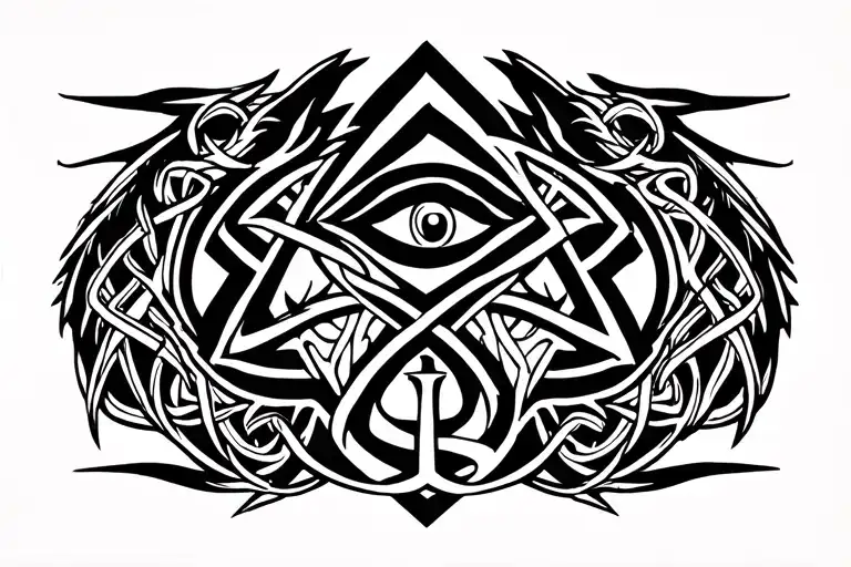 arm band tattoo with ankh symbol, Celtic knot, eye of horus, valknut and trident on the body of an dragon tattoo design idea