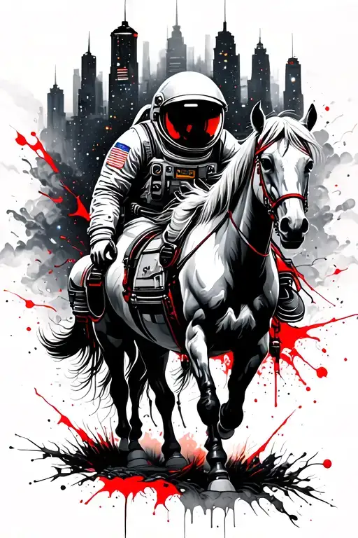 astronaut leading a horse through an abandoned metropolis with skyscrapers overgrown with trees under a starry cosmic sk tattoo design idea