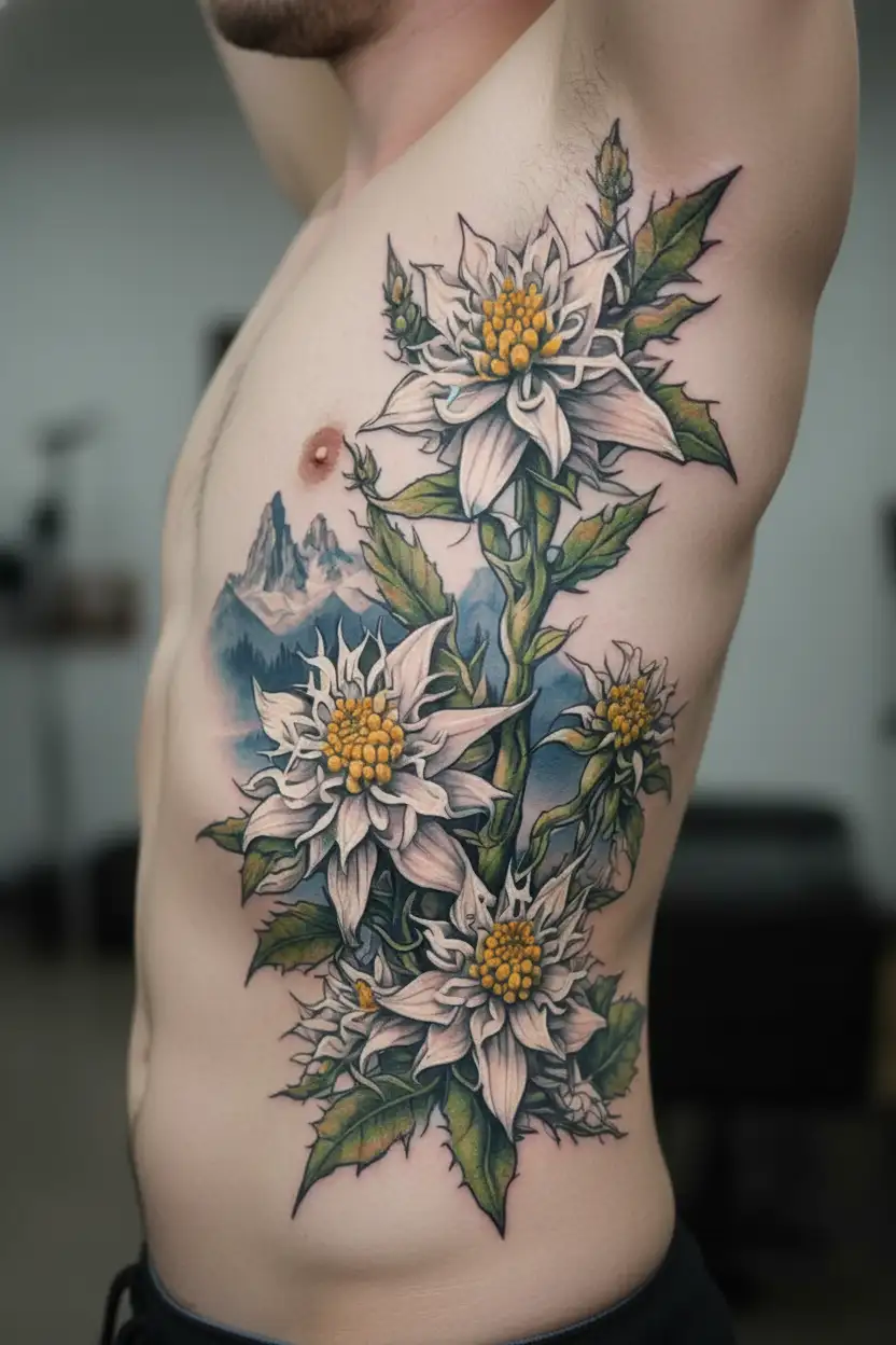 edelweiss flowers with mountain scene tattoo design idea