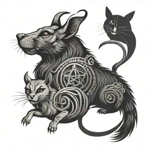 Three zodiac signs Rat, Goat, and Cat in one tattoo, based on Vietnamese and Asian culture. tattoo design idea