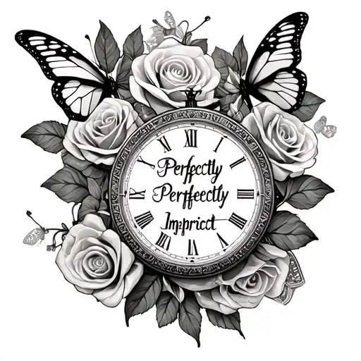 "Perfectly imperfect " roses butterflies surrounding money and a time piece  tattoo design idea