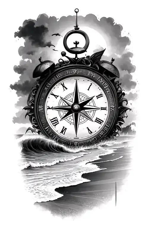compass rose eye clock beach scene tattoo design idea