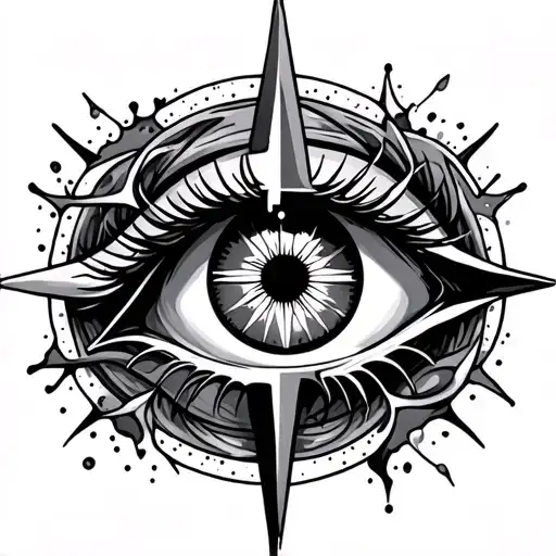 melting eye surrounded by patterns with compass tattoo design idea