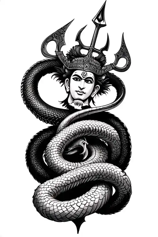 Trident on top of hanuman gada with a cobra wrapped around it tattoo design idea