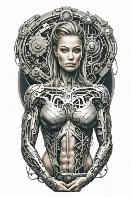 bodybuilder muscular women with technology circuits merging tattoo design idea