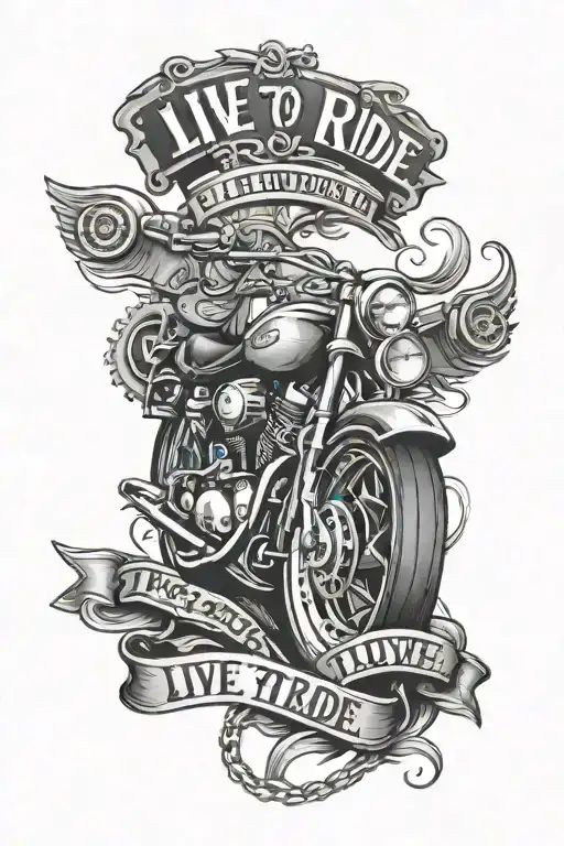 forearm with the words "Live to ride, ride to live" in a cool font, surrounded by motorcycle wheels, pistons, and chain tattoo design idea