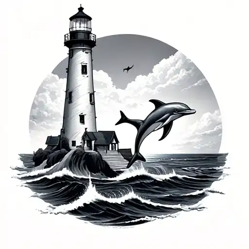 lighthouse with dolphins tattoo design idea