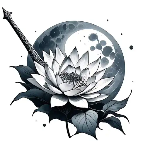 ethereal sword moon lotus flower RJ included abstractly tattoo design idea