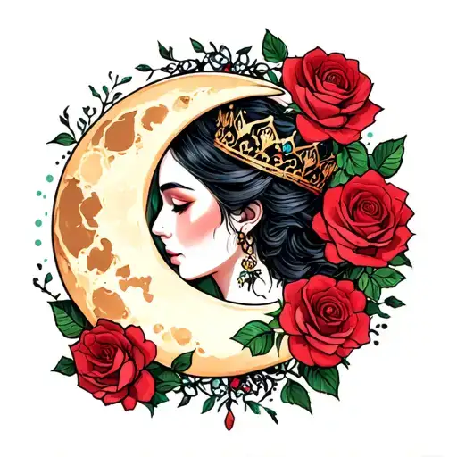 rose crown moon tattoo design idea