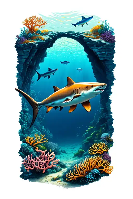 scuba diving coral reefs surrounding underwater caves and canyons eels and octopus sharks  tattoo design idea