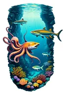 scuba diving coral reefs surrounding underwater caves and canyons eels and octopus sharks  tattoo design idea
