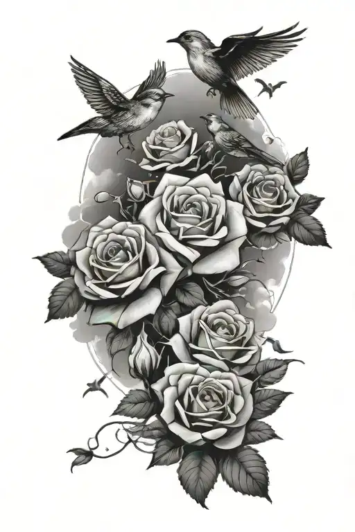 roses clouds surrounding stars and birds tattoo design idea