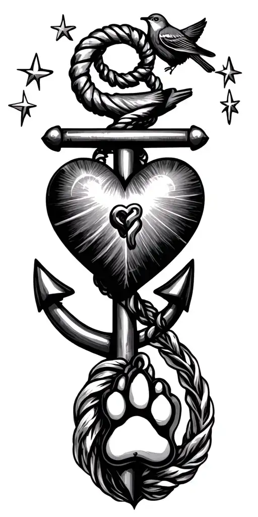 Southampton docks, anchor, Wicklow mountains, heart, robin, stars, dog paw tattoo design idea