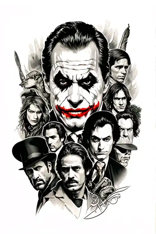 movie collage tattoo featuring lord of the rings, pulp fiction, prestige, joker, godfather, green mile  tattoo design idea