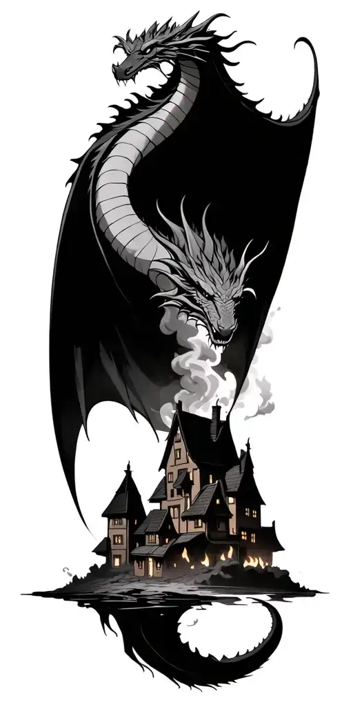 A dragon rising out of the smoke from a silhouetted village on fire tattoo design idea