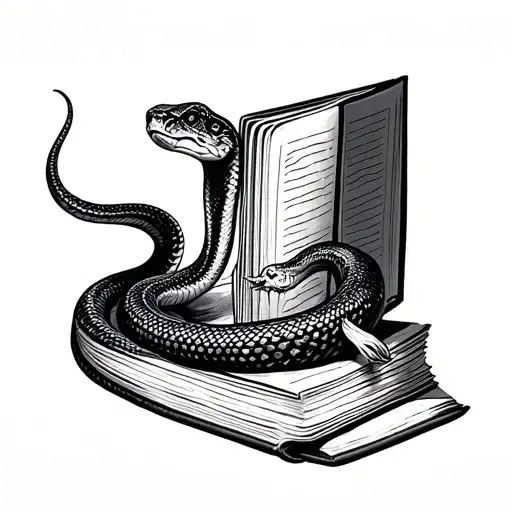 contented looking snake, curled around a closed hardback book  tattoo design idea