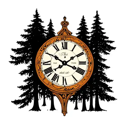 "This too shall pass…" "This too shall pass…" "This too shall pass…" simple roman clock with tall trees tattoo design idea