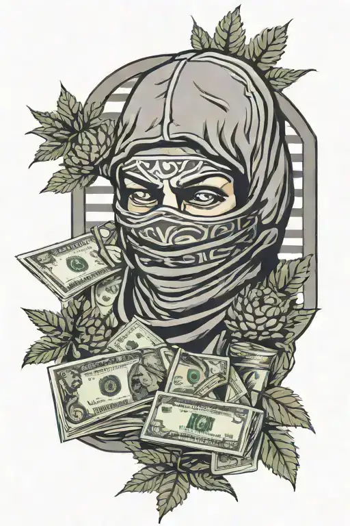 head in a balaclava behind bars, bundles of money and marijuana leaves tattoo design idea