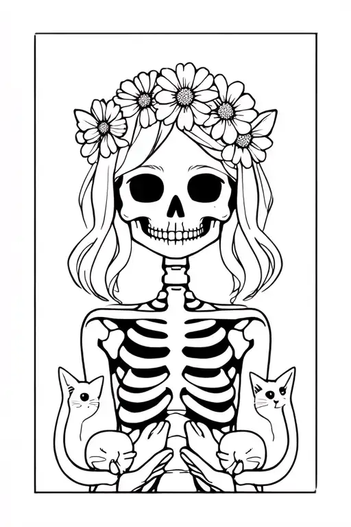 A cute female skeleton wearing a flower crown with two cute cats in her hands.  tattoo design idea