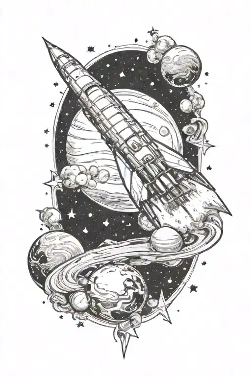 rocket with planets stars and nebulas tattoo design idea