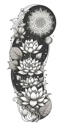 central lotus flower, celestial elements like stars and planets, sacred geometry, and serene landscapes such as mountain tattoo design idea