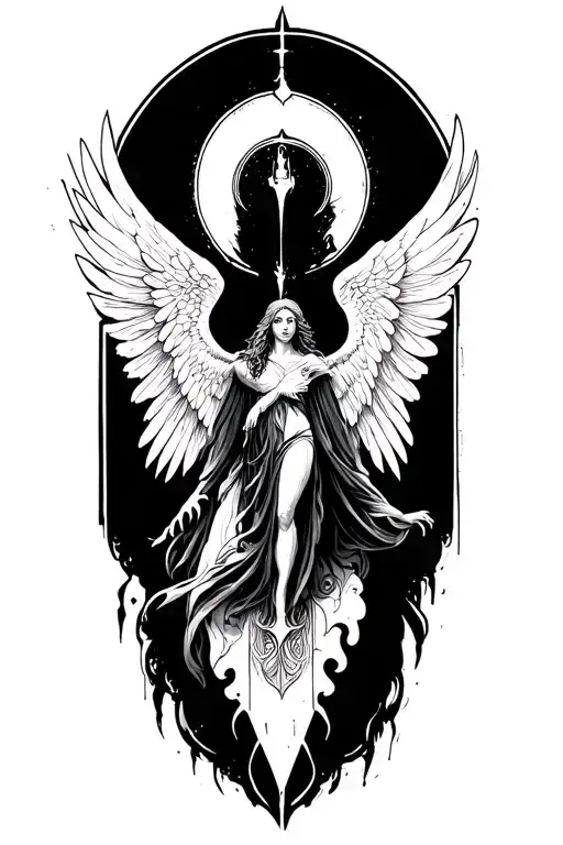 A sketch of a detailed tattoo with a cononic image of Seraphim tattoo design idea