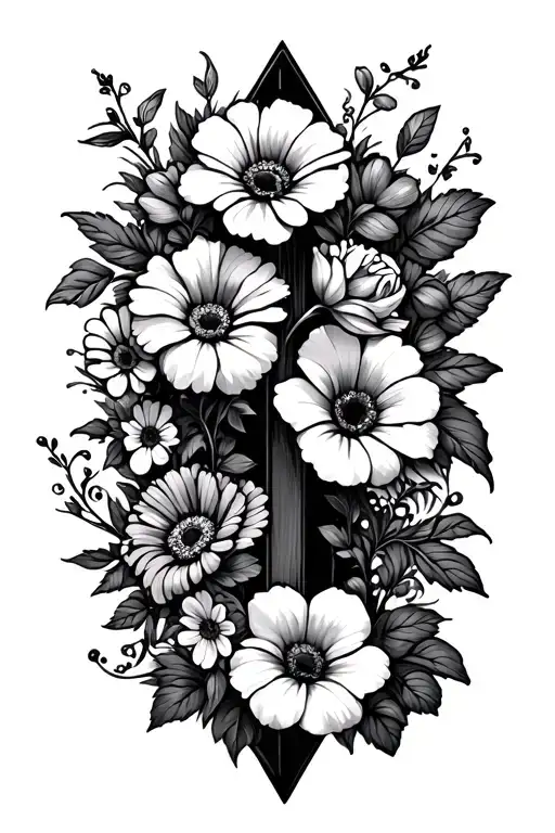 think line cross with carnations, daisies, Lilly, Rose, primrose and morning glory around it tattoo design idea