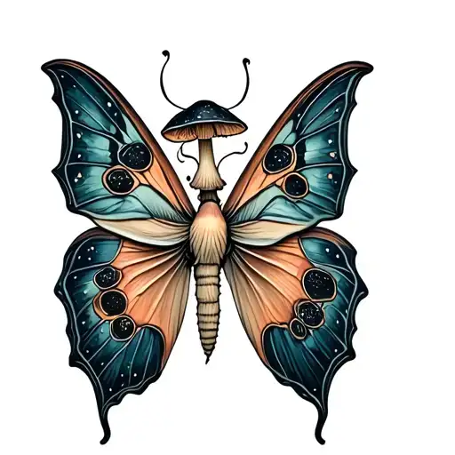lunar moth with ink cap mushrooms and Rhodotus mushrooms tattoo design idea