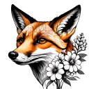 The head of a fox surrounded by cempasuchitl flowers with mountain shadows in the background in black and white tattoo design idea