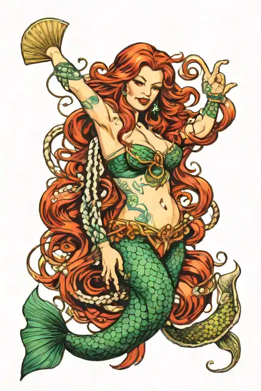 A red-haired pin-up mermaid with emerald tail and seashells, bound in gold shibari ropes, reads "Tide-tied, love-bound." tattoo design idea