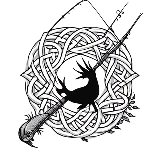 A Celtic knotwork design incorporating elements of hunting and fishing tattoo design idea